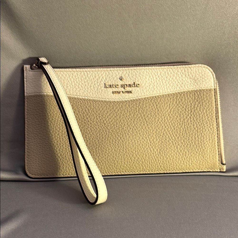 Kate Spade Cream and Tan Leather Clutch with Wrist Strap